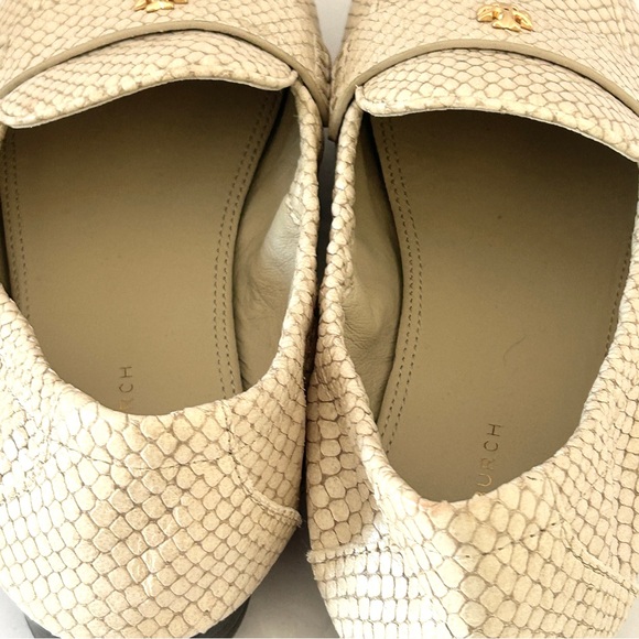 Tory Burch Ballet Loafer Flats Shoes Snakeskin Leather Gold Logo Beige Size 5.5 - Picture 9 of 16